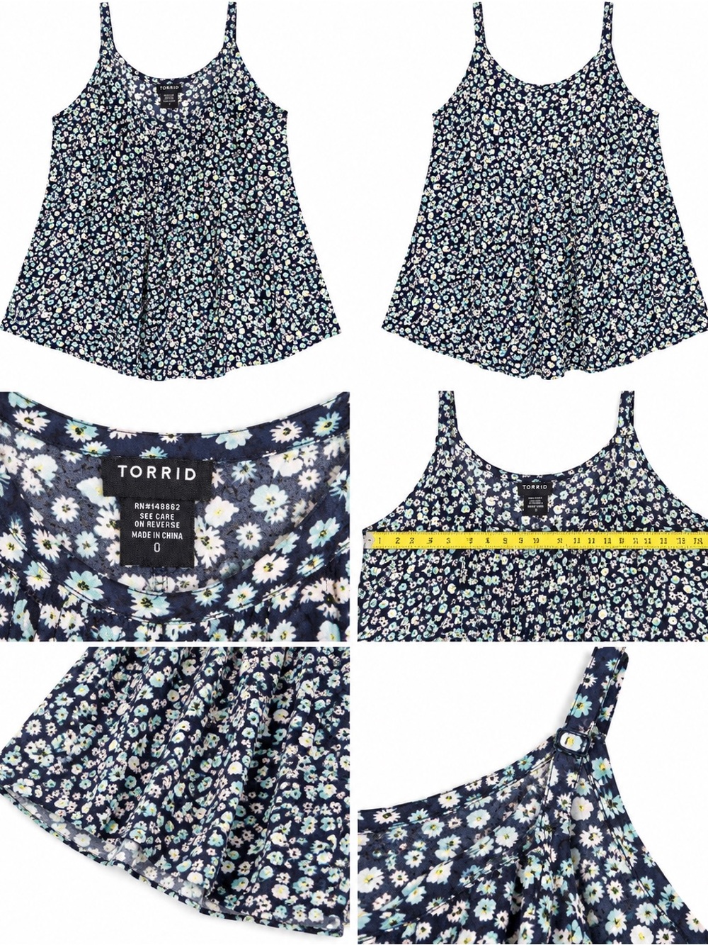 Torrid Navy Floral Pintuck Swing Cami Tank Top Size 0 Adjustable Straps
